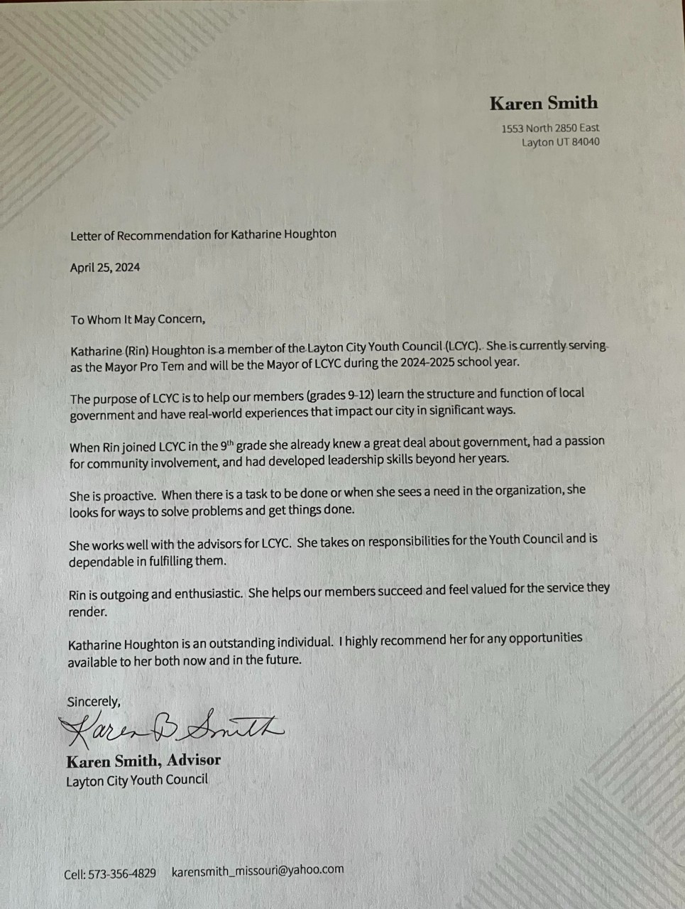 Letter of Recommendation from Karen Smith